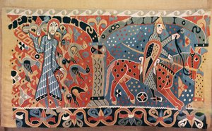 Normanský kavalír na strakatém koni a muž obklopený ptáky, detail z Baldishol Tapestry z Baldishol Church, Hedmark